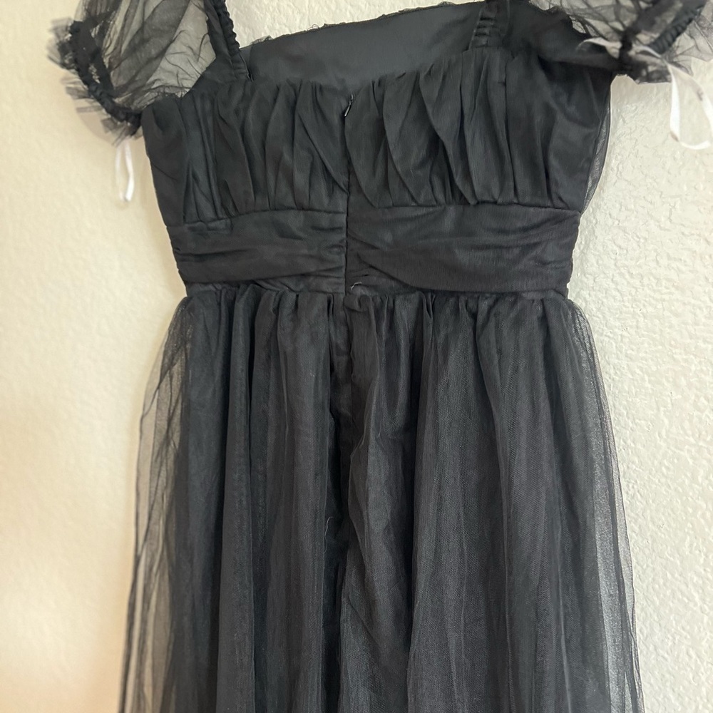 NWOT Flawless Aura Black Tulle Puff Sleeve Ruffled Midi Dress - Picture 6 of 8